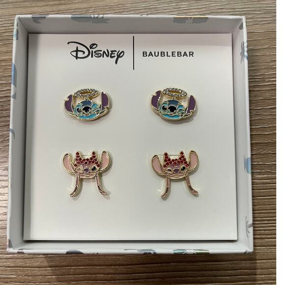Disney BaubleBar Stitch Angel Devil Set Earrings 2 pairs NEW Gold-Tone Jewelry - Picture 1 of 7